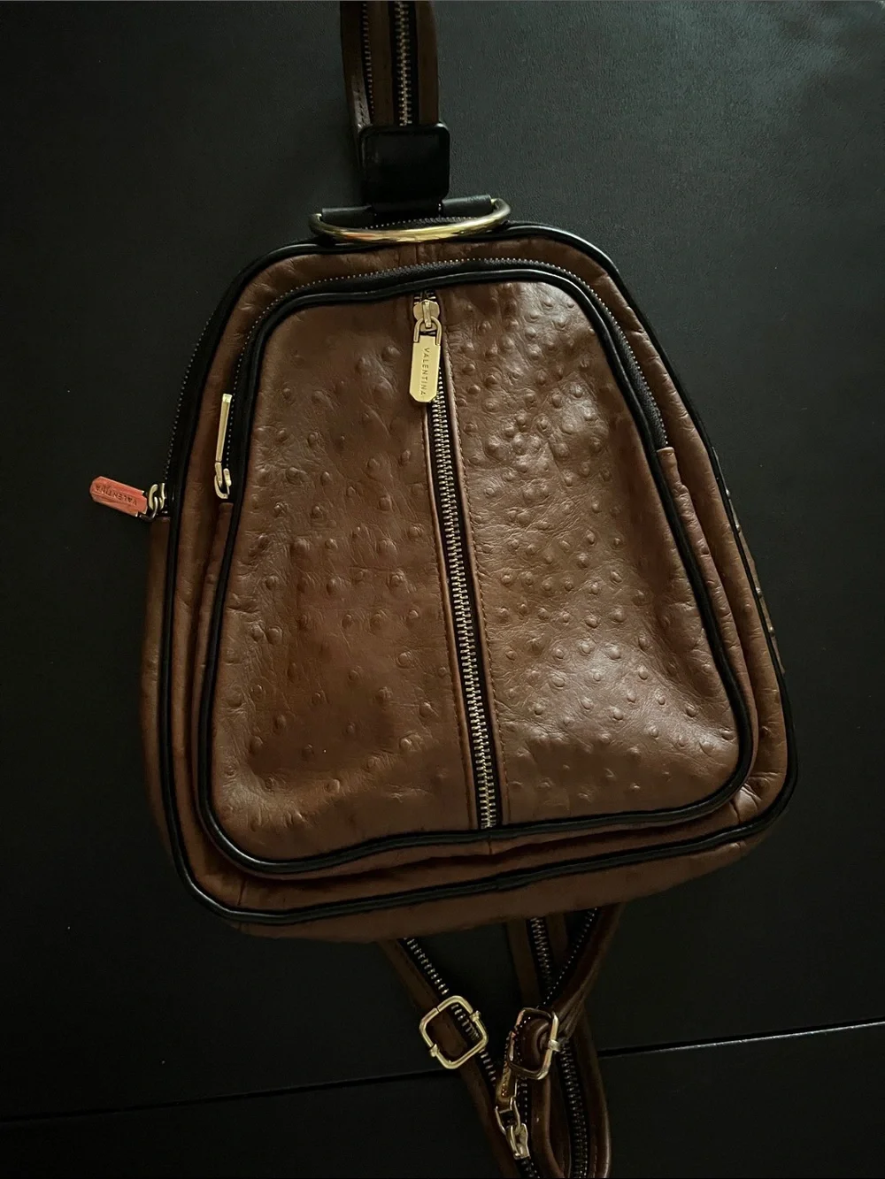 Valentina Brown Faux-Ostrich Mini Backpack Purse size with Gold Hardware